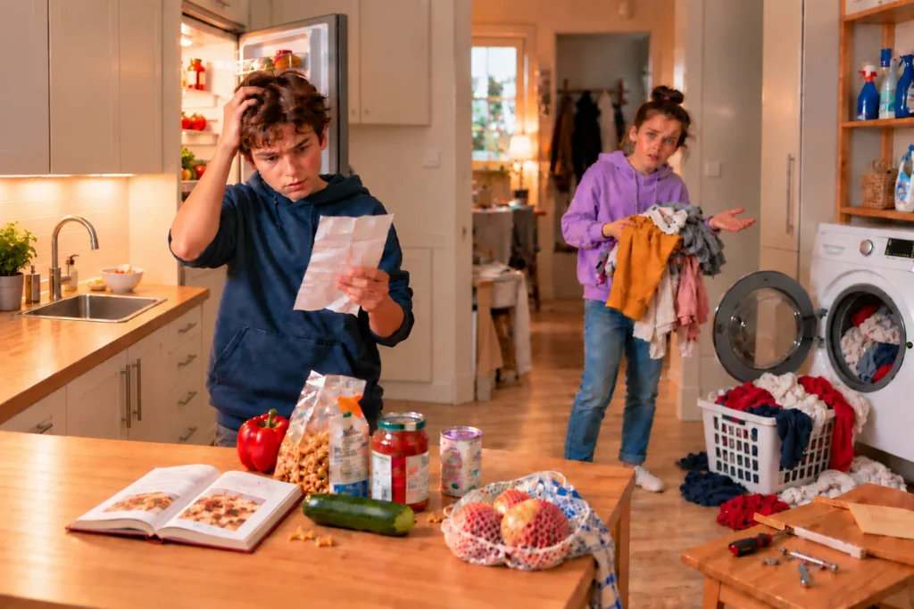 puzzled teens in a busy kitchen